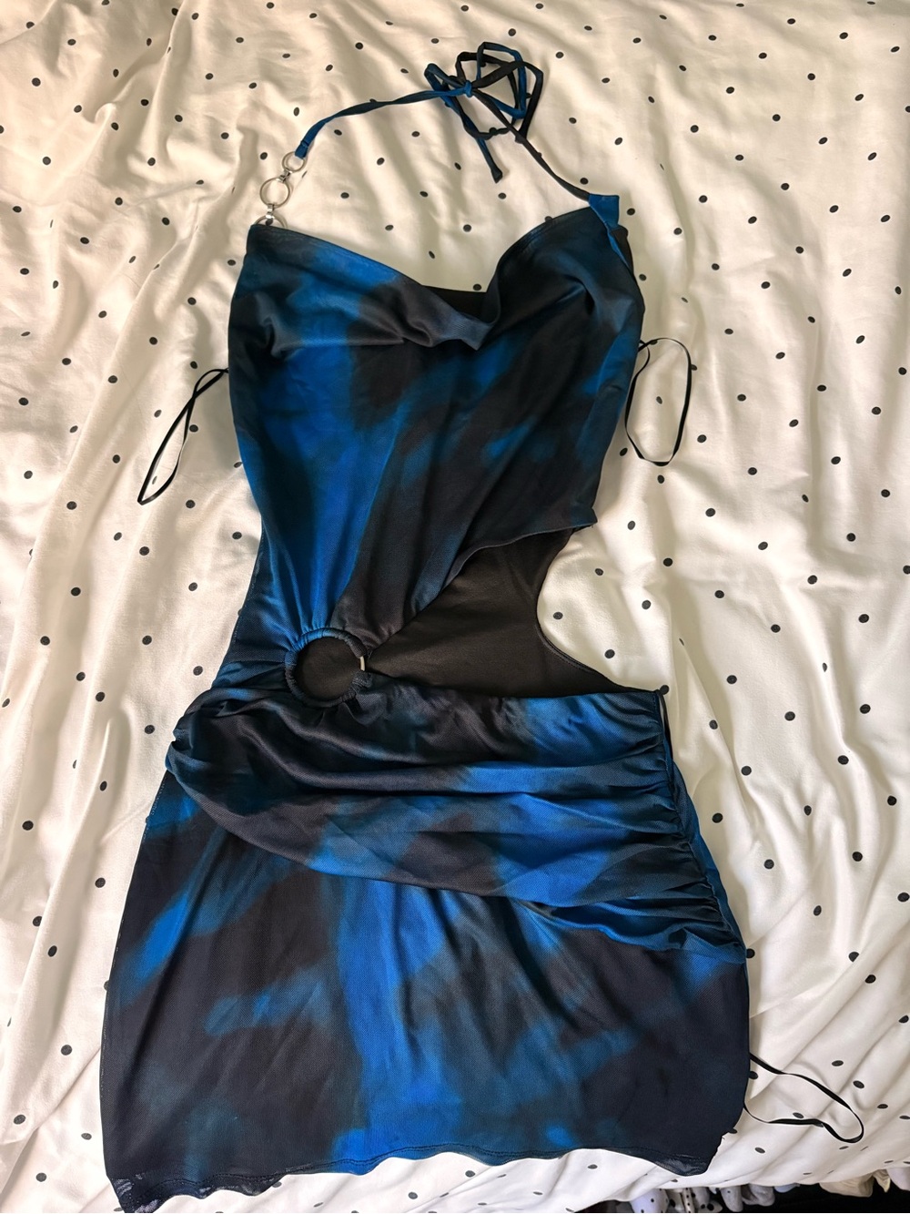 Windsor Blue and Black Satin Backless Cutout Mini Dress